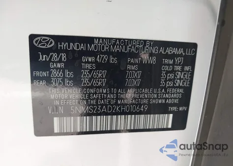 2019 Hyundai Santa Fe Se from USA, damaged, VIN 5NMS23AD2KH010649